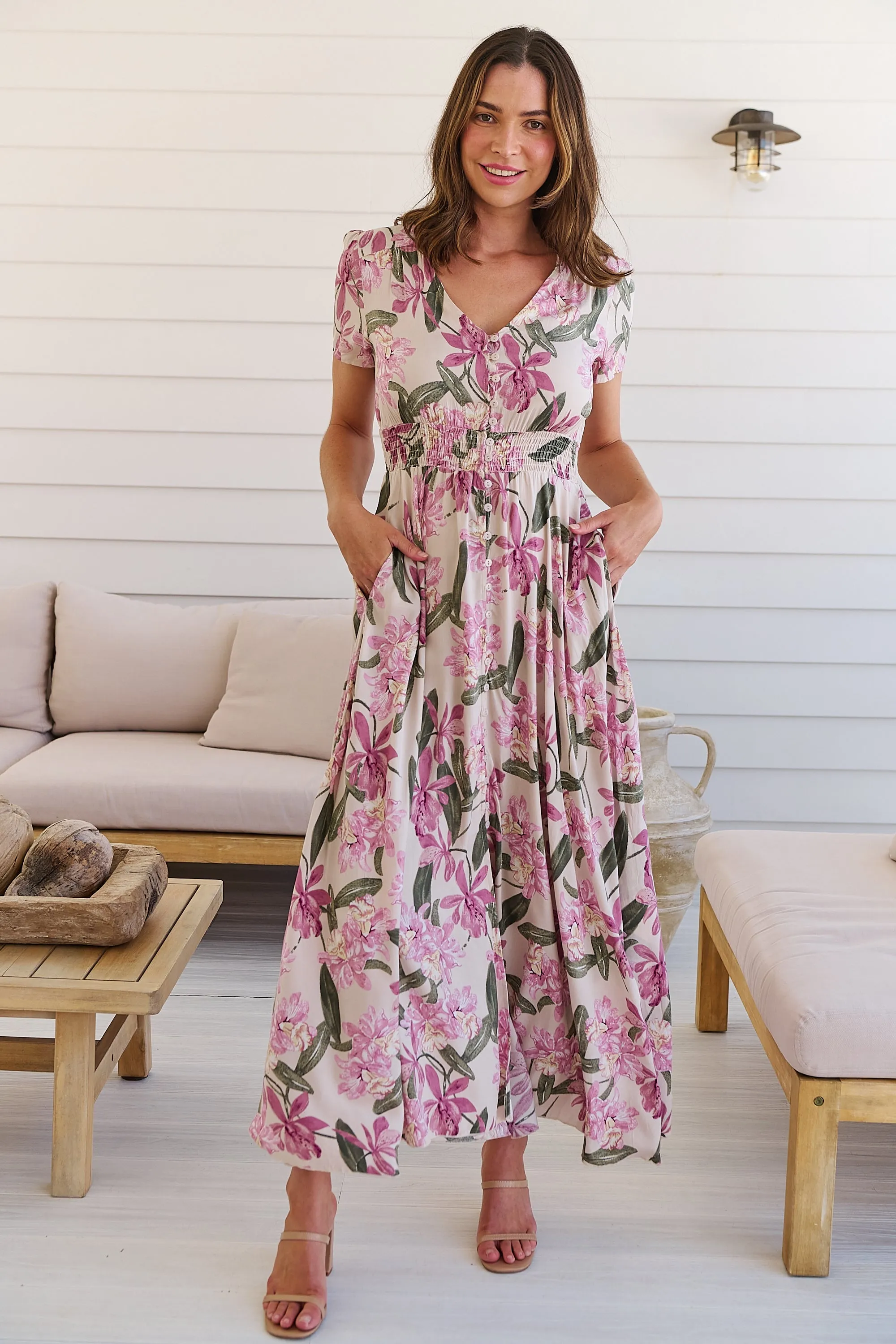 Leilani Beige/ Purple Floral Button Front Maxi Dress