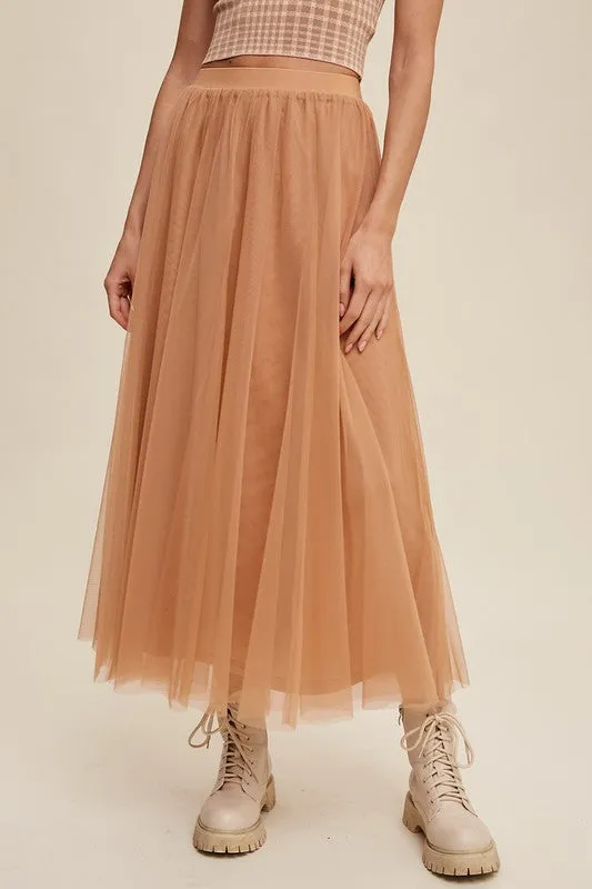 Light Clay Elastic Waist Maxi Tulle Skirt