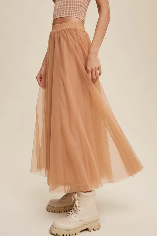 Light Clay Elastic Waist Maxi Tulle Skirt