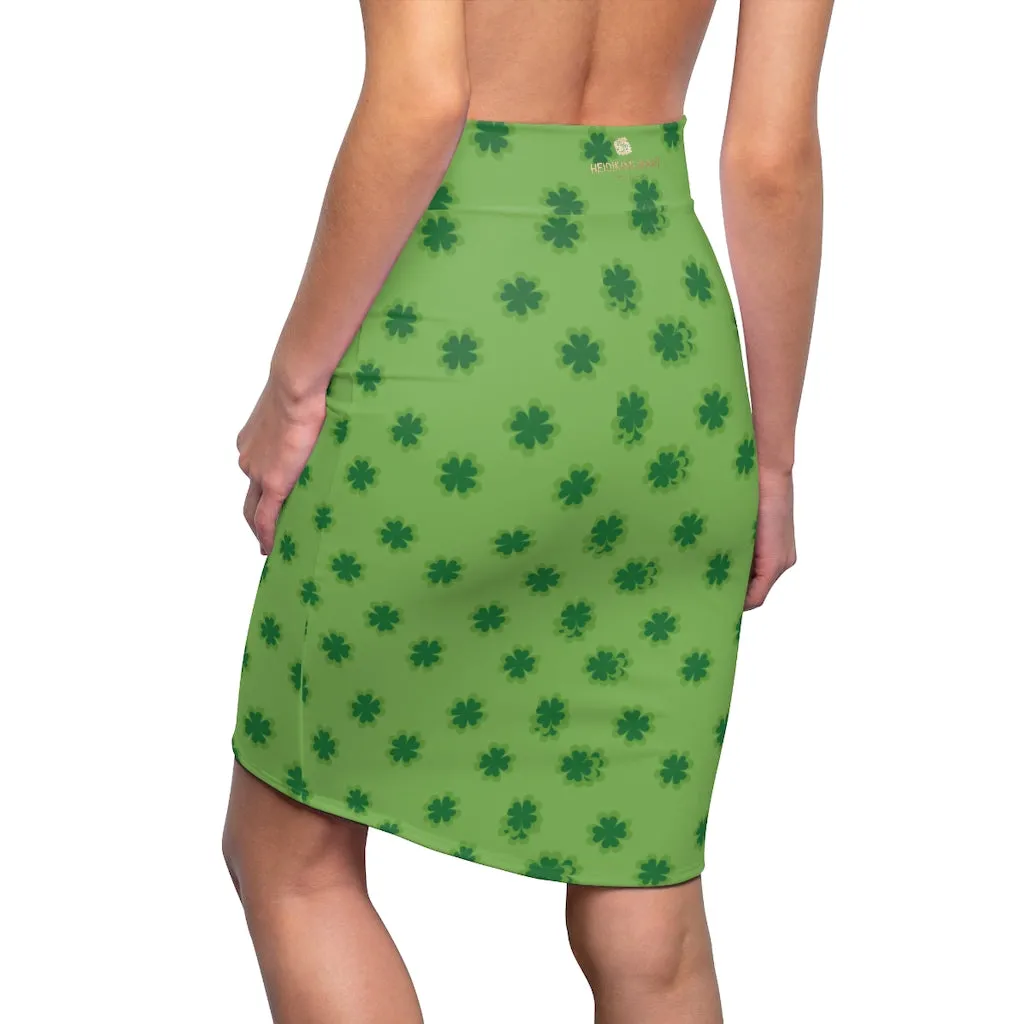 Light Green Clover Pencil Skirt, Best Irish Lucky Clover Leaf Print St. Patrick's Day Women's Pencil Skirt- Made in USA