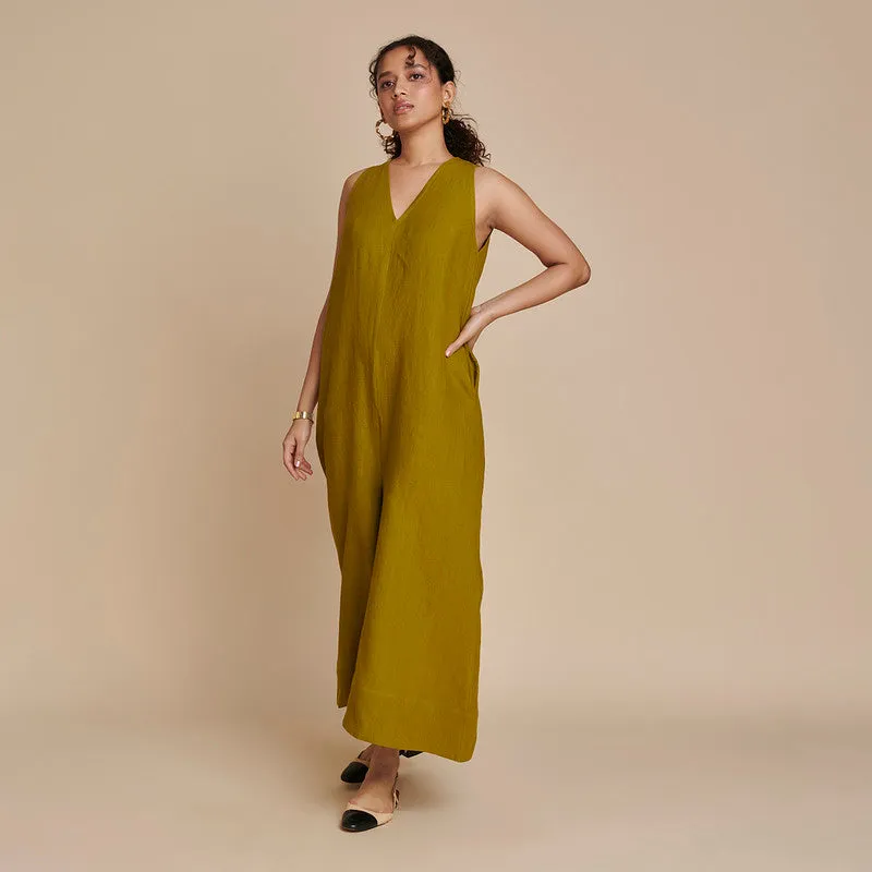 Linen Flared Jumpsuit | Sleeveless | Mehndi Green