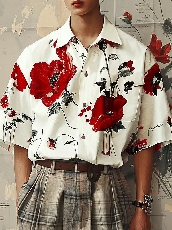 Mens Floral Print Cuban Collar Short Sleeve Shirt SKUK70556