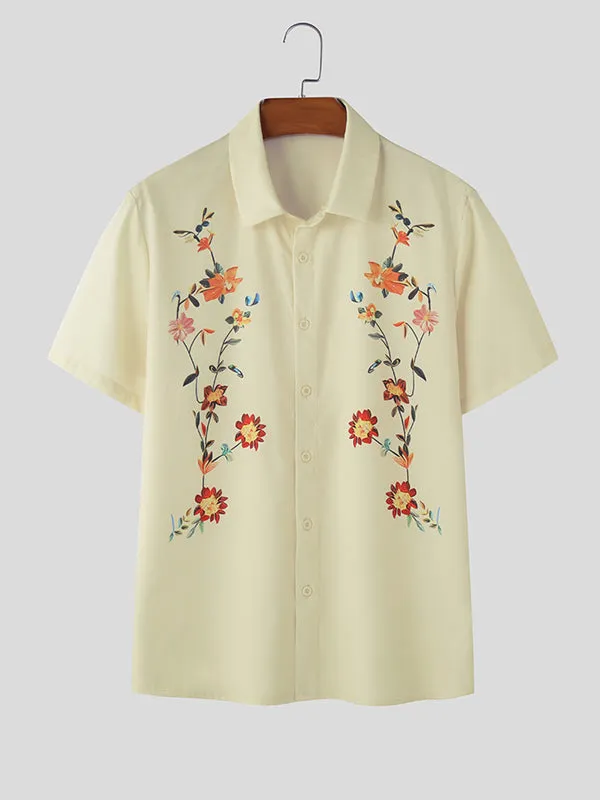 Mens Floral Print Lapel Collar Short Sleeve Shirt SKUK61132