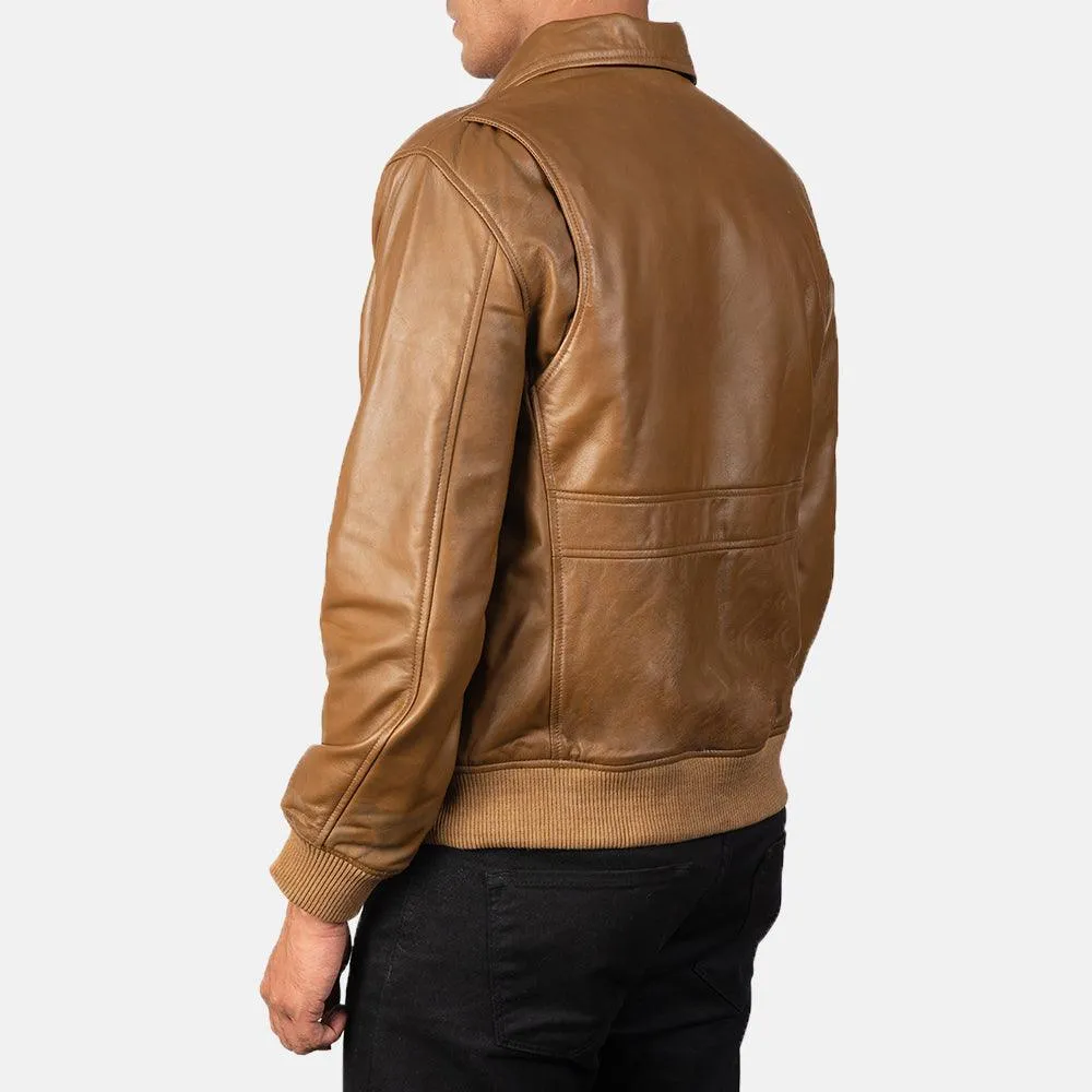 Mens Olive Brown Leather Bomber Jacket