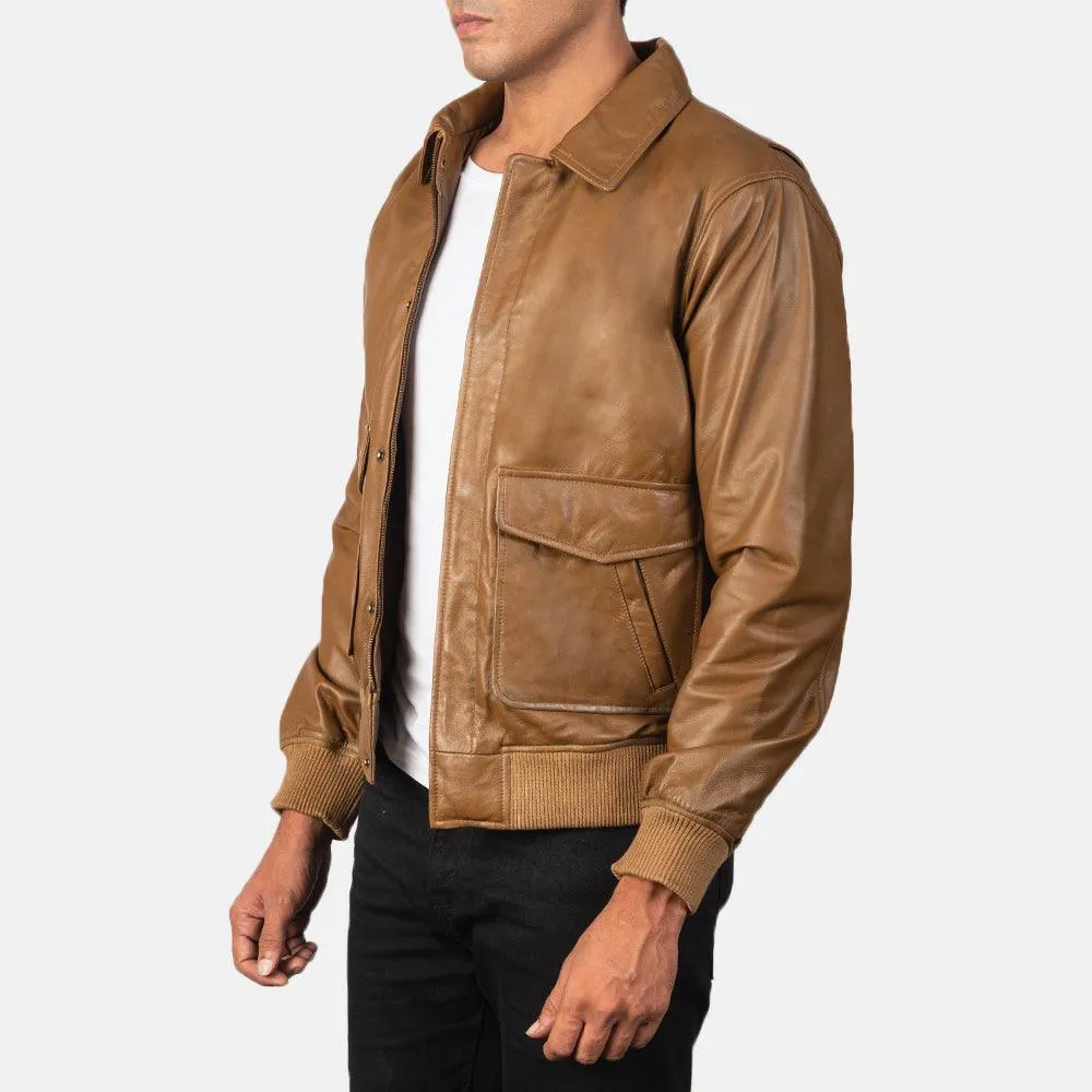 Mens Olive Brown Leather Bomber Jacket