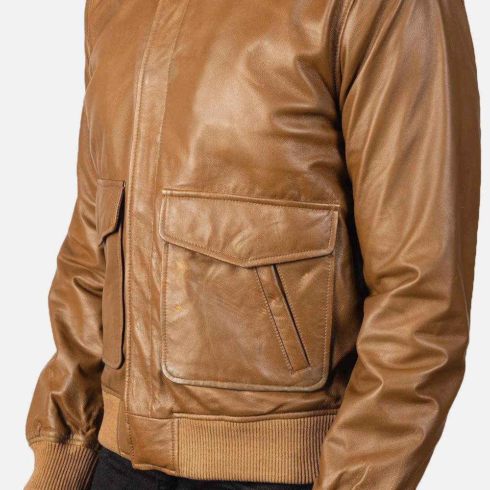 Mens Olive Brown Leather Bomber Jacket