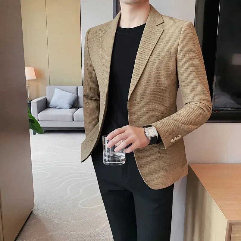 Men's Single Breasted Slim Fit Blazer Waffle Jacket: High-Quality Casual/Formal Suit Coat