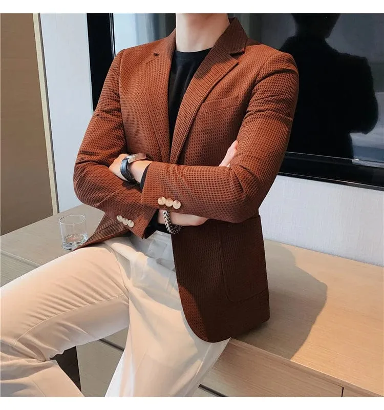 Men's Single Breasted Slim Fit Blazer Waffle Jacket: High-Quality Casual/Formal Suit Coat