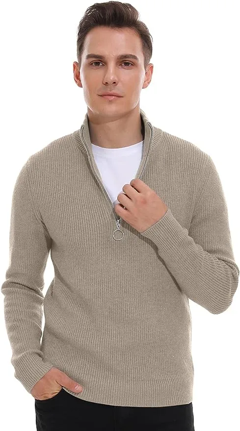 Men's Soft Sweaters Quarter Zip Pullover Classic Ribbed Turtleneck Sweater - Khaki