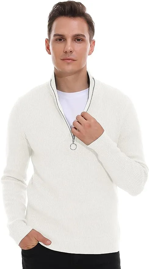 Men's Soft Sweaters Quarter Zip Pullover Classic Ribbed Turtleneck Sweater - White