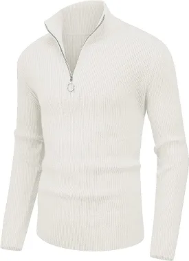 Men's Soft Sweaters Quarter Zip Pullover Classic Ribbed Turtleneck Sweater - White