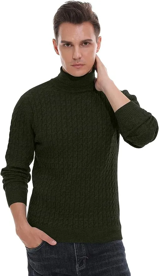 Men's Twisted Knitted Turtleneck Sweater Casual Soft Pullover Sweaters - Army Green