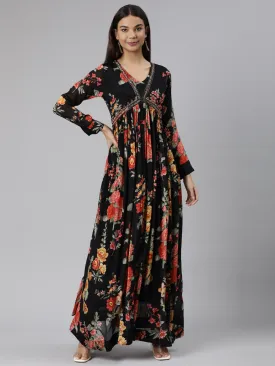 Neeru's Black Flared Casual Floral Dresses