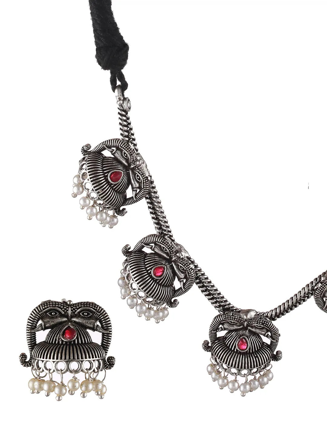 Oxidised Silver-Tone Floral Jewellery Set