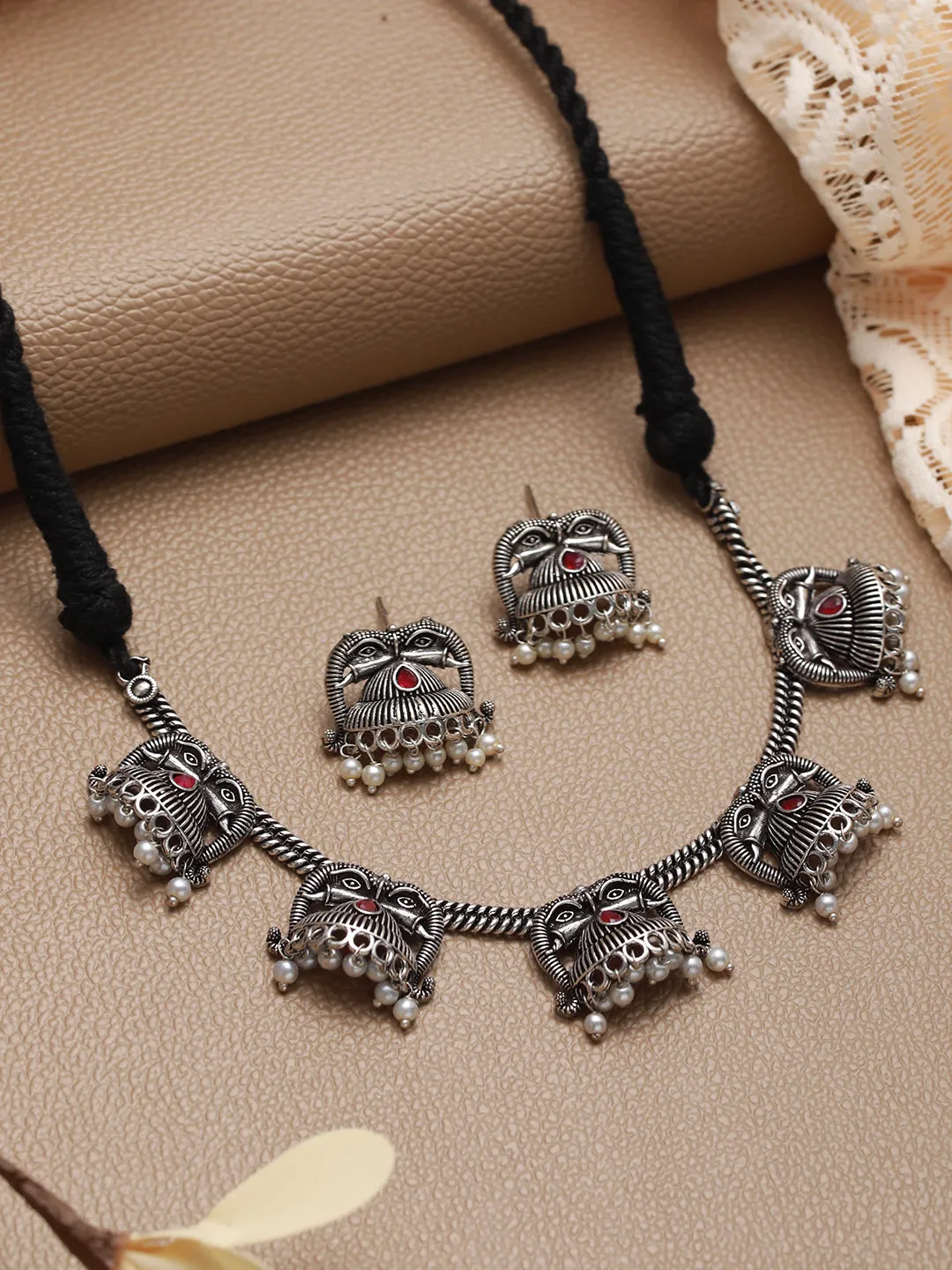 Oxidised Silver-Tone Floral Jewellery Set