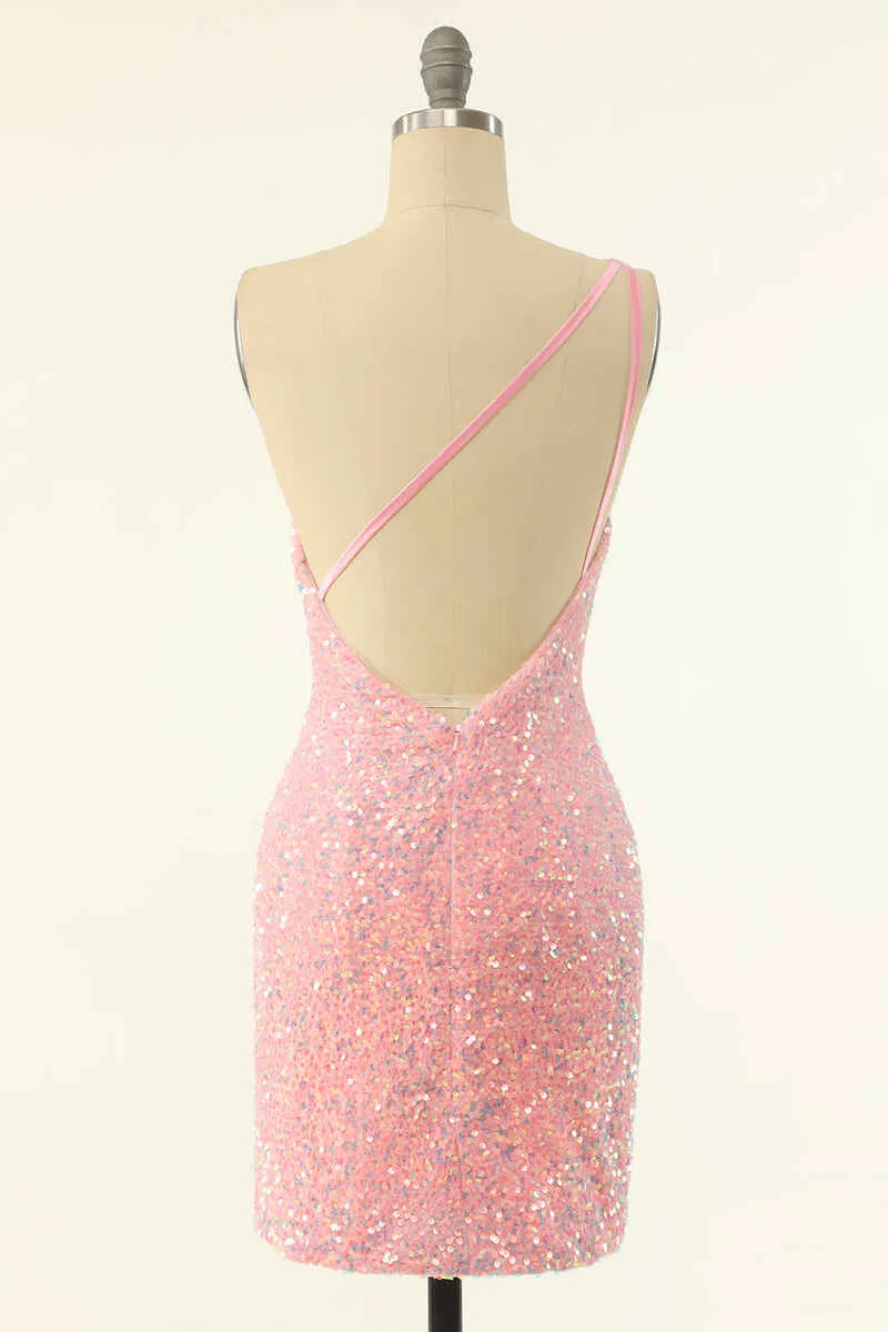 Pink Sequin One-Shoulder Backless Formal Mini Dresses