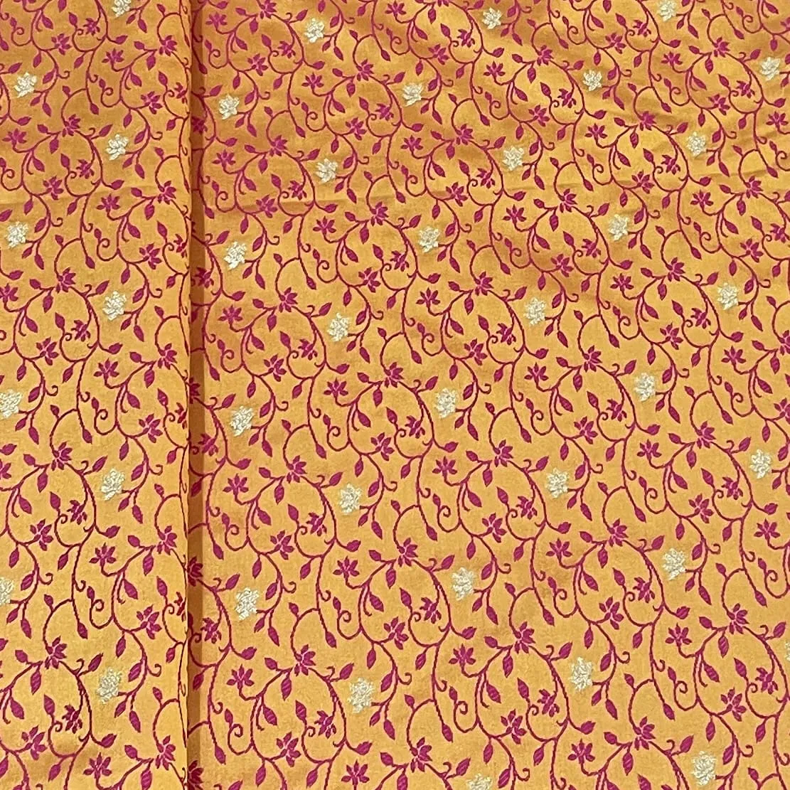 Premium Orange Traditional Floral Print Tanchui Jamewar Silk Fabric