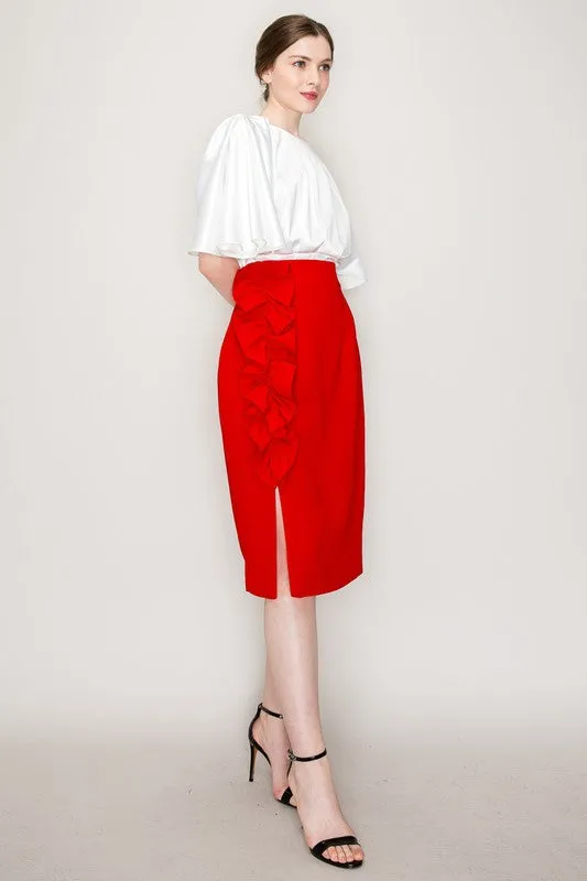 Red High Waist Asymmetric Frill Midi Skirt