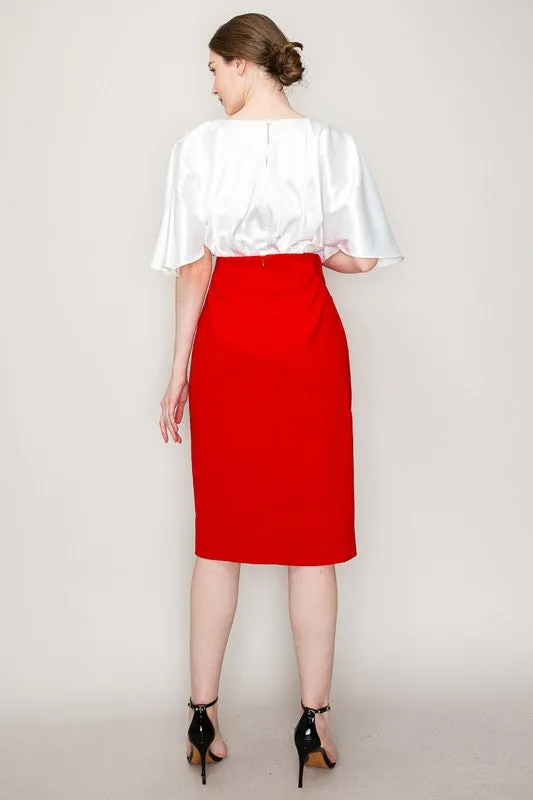 Red High Waist Asymmetric Frill Midi Skirt