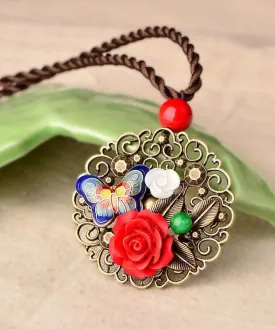 Retro Red Floral Butterfly Hollow Out Metal Pendant Necklace