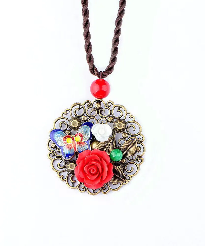 Retro Red Floral Butterfly Hollow Out Metal Pendant Necklace