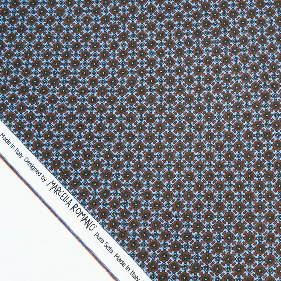 Rich Brown & Blue Geo Printed Pure Silk Twill