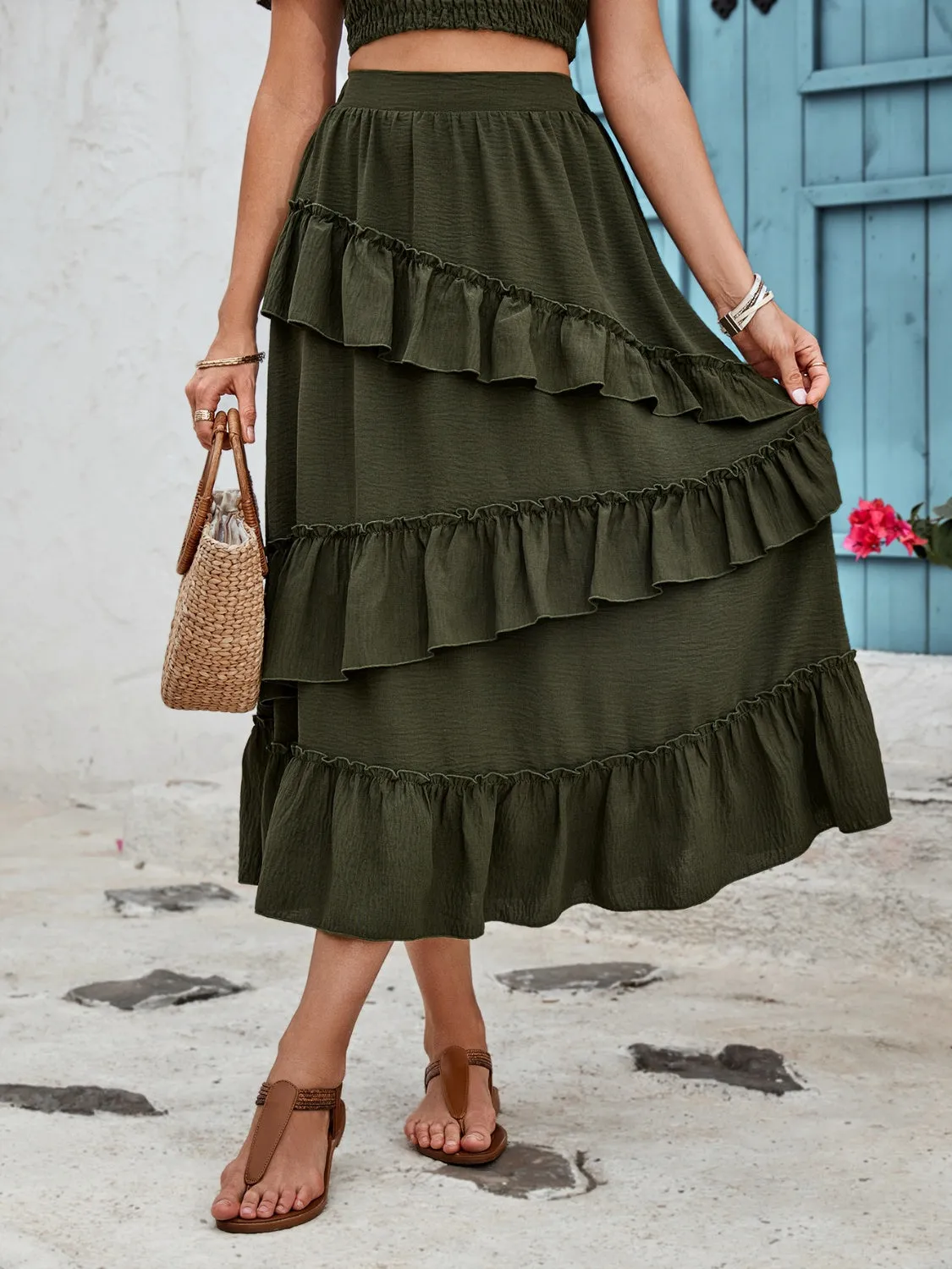 Ruffled Elastic Waist Midi Skirt