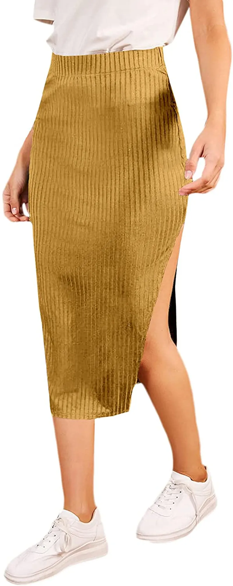 SheIn Women's Slit Midi Skirt Split Bodycon Pencil Ribbed Knit Midi Skirts