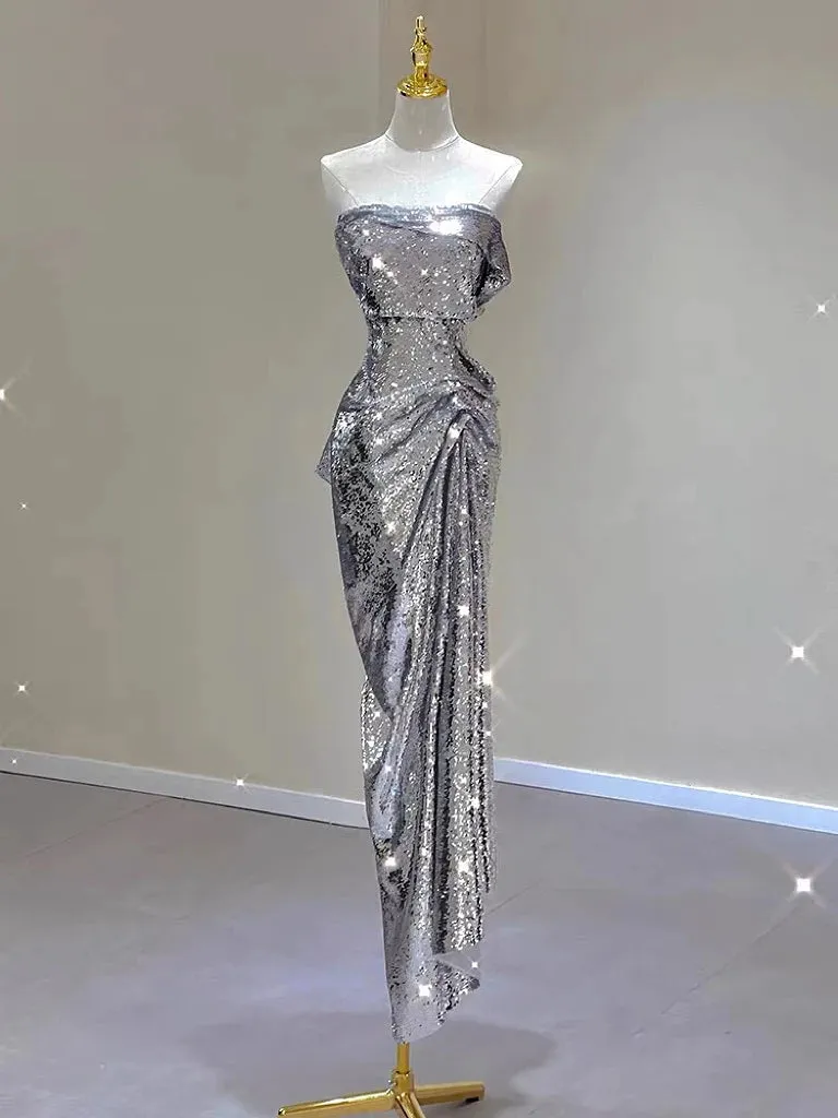 Uniwim Silver Shiny Cocktail Dresses Strapless Ruched Sleeveless Mermaid Sequins Light Luxury Red Carpet Woman Evening Prom Party Gowns