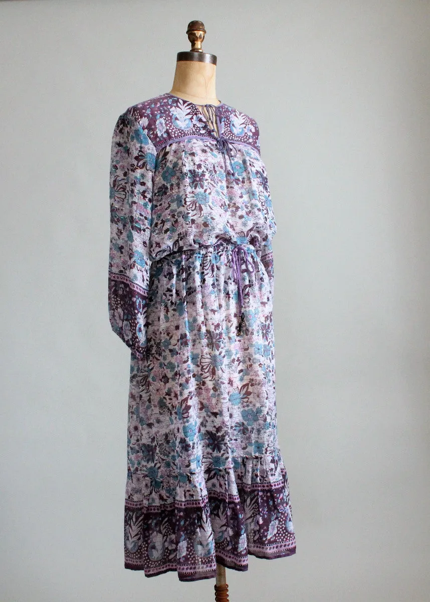 Vintage 1970s Purple Paisley Indian Cotton Dress Set