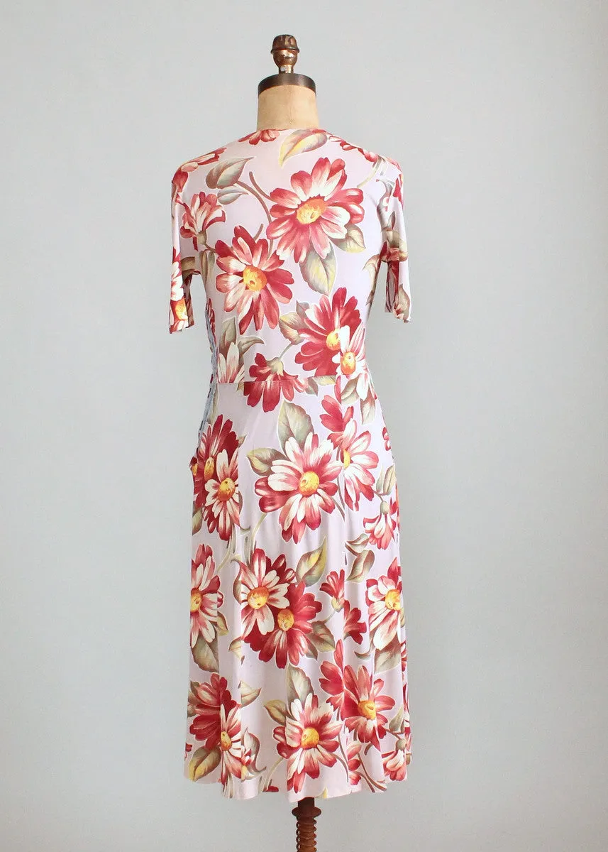 Vintage Early 1940s Floral Rayon Jersey Dress