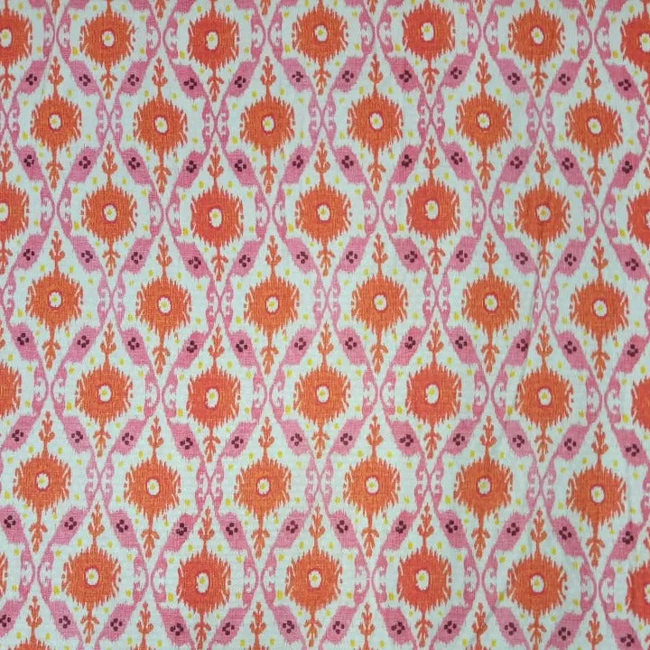 White & Orange Traditional Motif Print Viscose Dobby Fabric