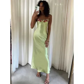 Women Floral Dresses Summer V Neck Spaghetti Strap Sleeveless Long Dress Elegant Ladies Satin Dresses Party Clothes Clubwear