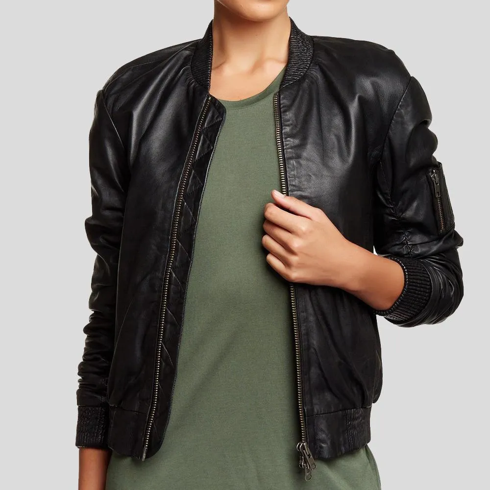 Women's Belle Black Bomber Leather Jackets