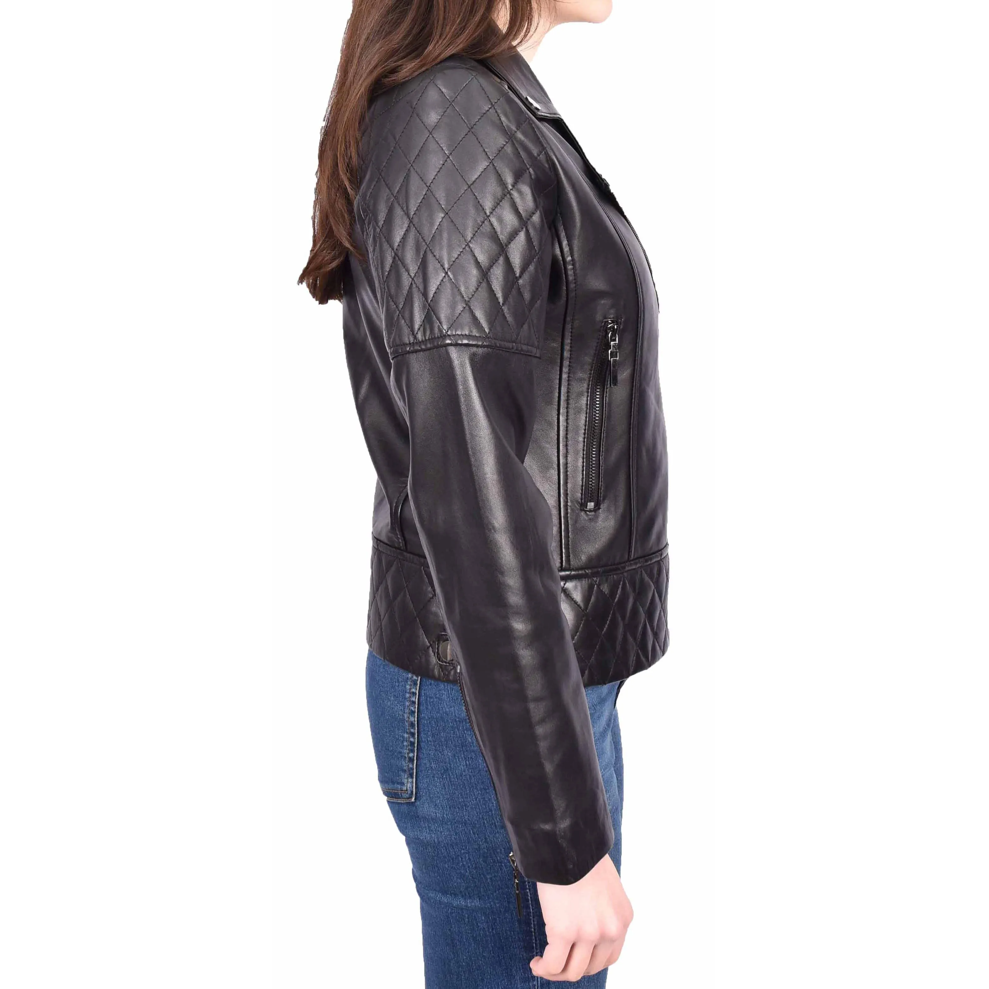 Womens Leather Biker Jackets Asymmetrical Zip Quilted Trendy Design Maeve Black