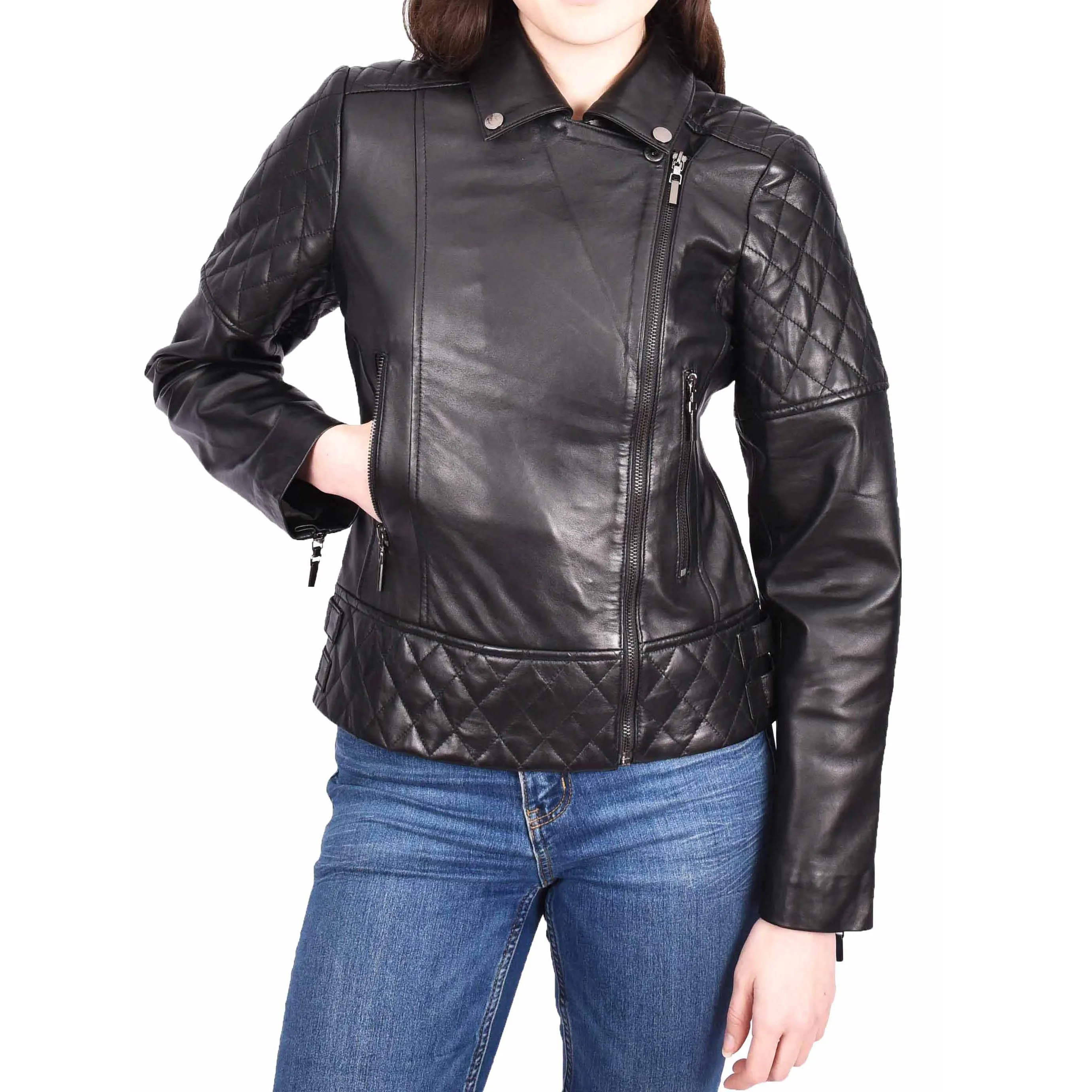 Womens Leather Biker Jackets Asymmetrical Zip Quilted Trendy Design Maeve Black