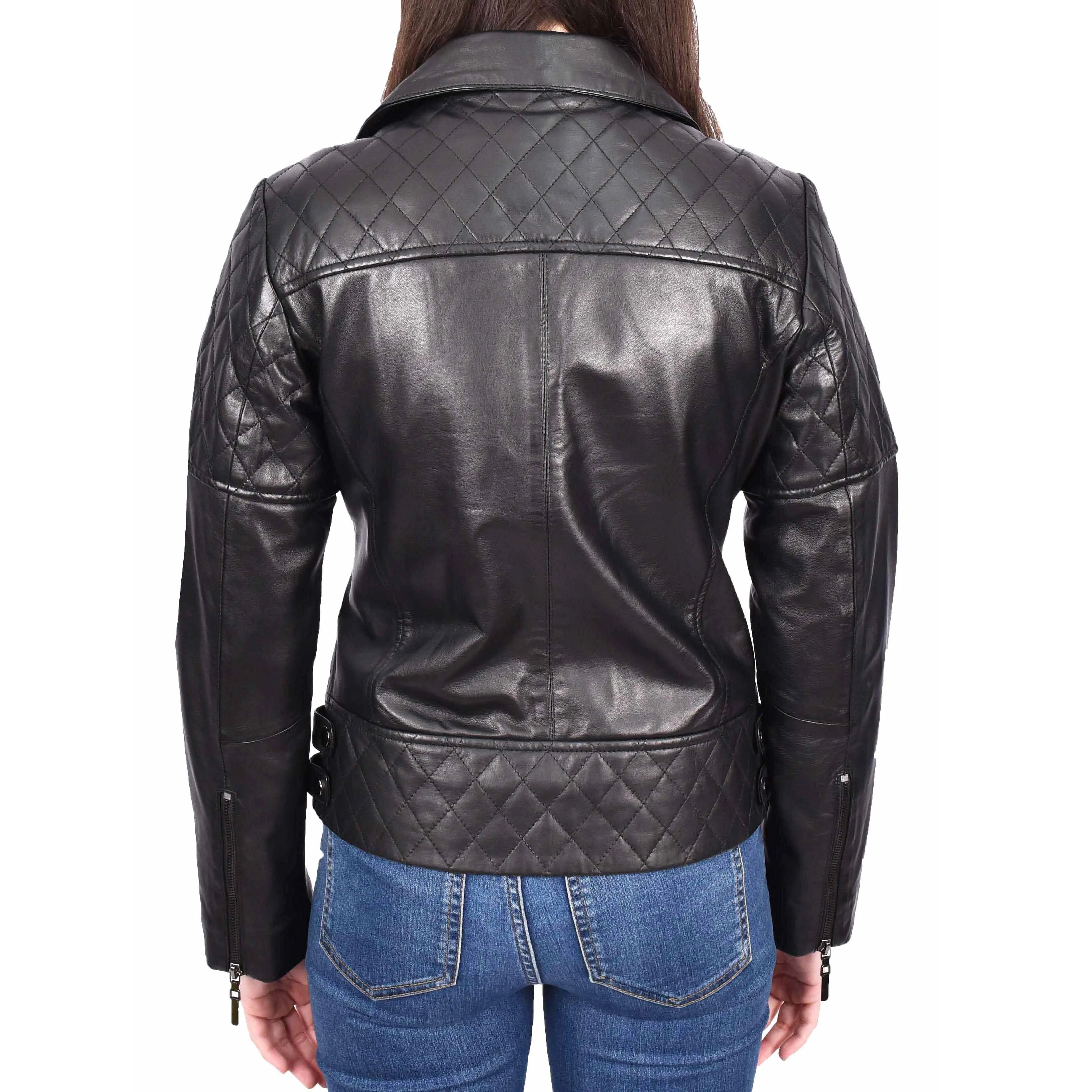 Womens Leather Biker Jackets Asymmetrical Zip Quilted Trendy Design Maeve Black