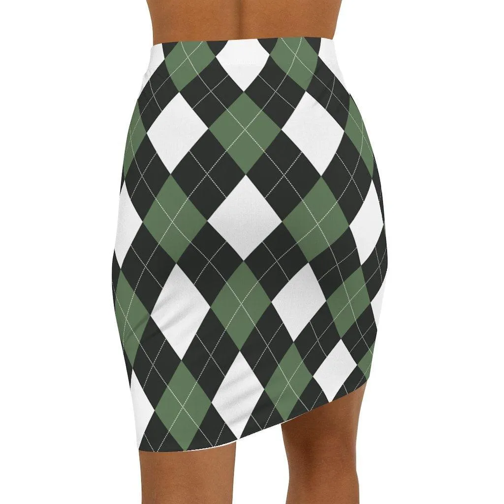 Womens Pencil Skirt, Green And White Argyle Stretch Mini2