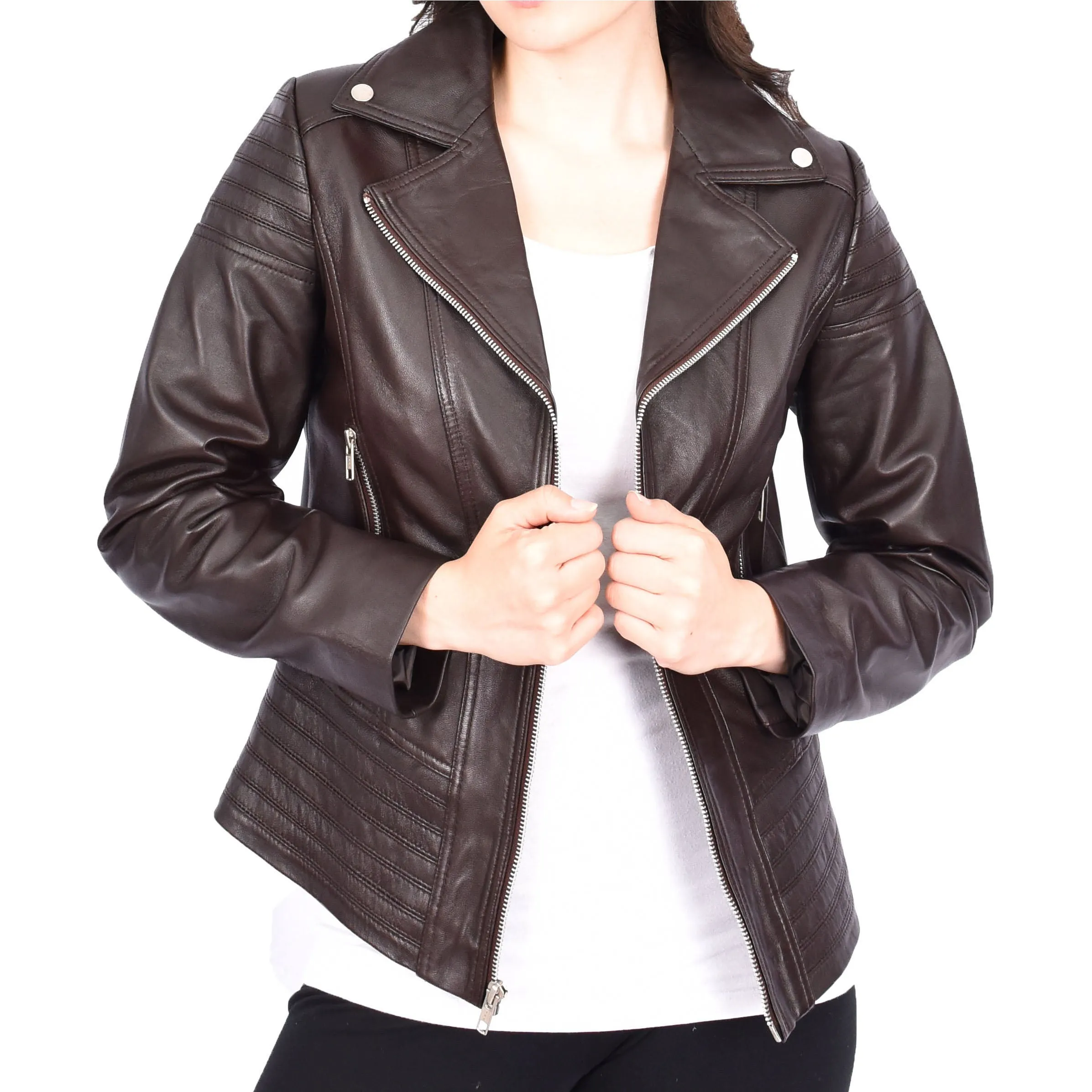 Womens Real Leather Biker Jackets Casual Fashion Outerwear Sonya Brown